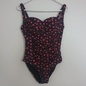 NICOLE MILLER STUDIO 1 PIECE BANDEAU SWIMSUIT BLACK RED FLORAL PADDED RUCHED MED